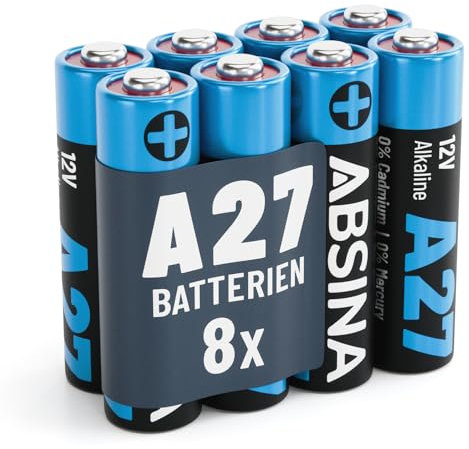 ABSINA 8X 27A 12V Batterie für Garagentoröffner und vieles mehr - Batterie 27A 12V Alkaline Mini auslaufsicher & mit Langer Haltbarkeit - Batterie MN27 12V, A27A Batterien, Batterie LR27A, A27 12V
