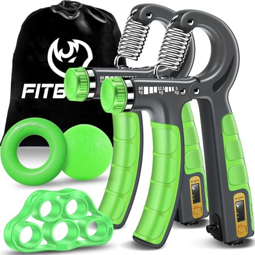 FitBeast Hand Grip Strengthener Workout Kit (5 Pack), 2 Forearm Grip Adjustable Resistance Hand Gripper, Finger Stretcher, Grip Ring & Stress Relief Grip Ball for Athletes (Light Green)