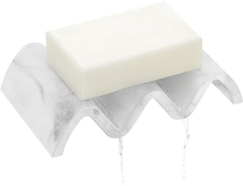 PENGARO Self Draining Soap Dish, Marble Soap Dish with Drain Shower Soap Dish Bar Bathroom Soap Holder Modern Deco Jewelry Dish Soap Saver Tray for Bathroom Shower Kitchen Sponge Holder, Marble White