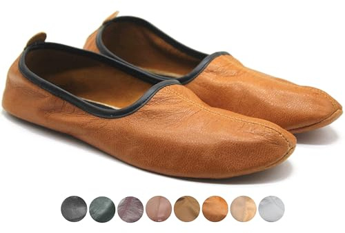 Akdam Womens Indoor Leather Slippers Antique Tan Traditional Babouche House Shoes Barefoot Moccasin (Size 8)