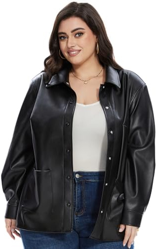Fahsyee Faux Leather Jacket Women, Plus Size Shacket Moto Biker Shirts Black Casual Fitted Slim Outwear 3X