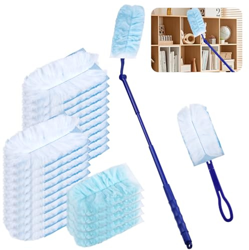 25 Stück Staubmagnet Nachfüllpack Set für Swiffer Staubmagnet, Tücher für Swiffer Staubmagnets Nachfüllpack mit 1 Handgriff und 1 Teleskopstange, Einweg Staubwedel für Staub, Schmutz, Auto