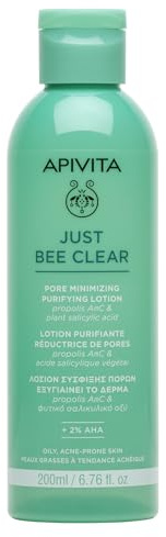 Apivita Just Bee Clear Lotion Purifiante Réductrice De Pores Pour Pour Peaux Grasses, Acné, Imperfections Et Boutons 200ml - Tonique Pour La Peau Avec Propolis Amc Breveté Et Acide Salicylique Végétal