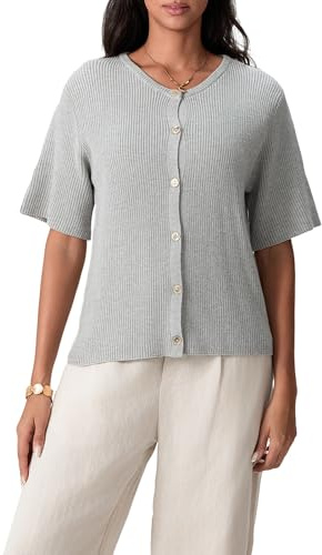 Geagodelia Women's Short Sleeve Cropped Cardigan Thin Ladies Sweater Jumper Knitted Jacket Y2K Button Down Crochet Top Pullover Streetwear Spring Summer (A - Light Grey, XL)
