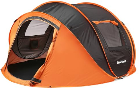 EchoSmile Tienda de Campaña Pop Up para 4-6 Personas-Impermeable, Montaje Rapido, Ultraligera Portátil con 2 Ventanas, para Camping Senderismo Playa, Negro&Naranja