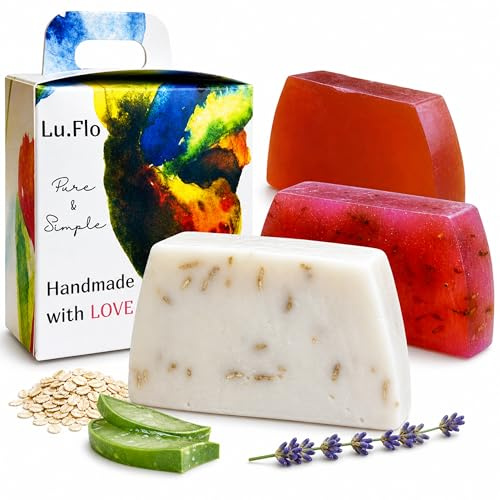 Coffret Savons Solides Parfumés BIO Artisanaux à la Glycérine – Savonnettes Décoratives Mains & Corps – Aloe Vera – Lavande, Miel & Avoine – 95% Ingrédients d’Origine Naturelle – Coffret Cadeau Femme