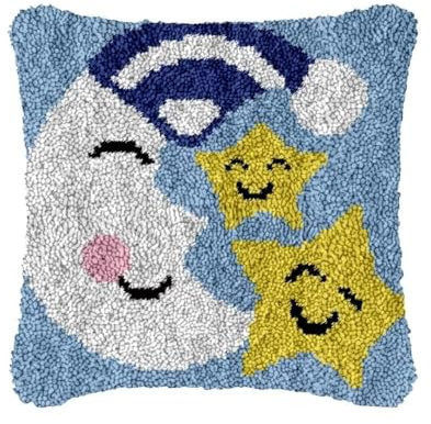 Latch Hook Kit for Adults & Kids, Complete DIY Cushion Making Craft Kits with Yarn & Canvas and Crochet Needle, Latch Hook Pillow Cover Adult Craft Kits Home Decor for Women - Moon and Stars 43x43cm