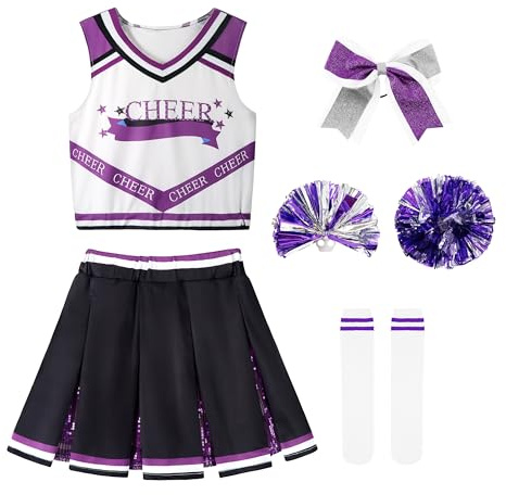 LOLANTA Girls Cheer Outfits Zombies Cheerleader Costumes Purple Skirts Set Cheerleading Uniform (Purple, 10-11 Years)