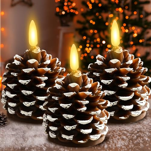 LUKIUP 3 pezzi Pigne Candele Senza Fiamma LED, Candele Senza Fiamma Batteria, Decorazione natalizia a forma di pigne a LED Adatto per Interni con Tema Ghianda,Decorazioni Festive
