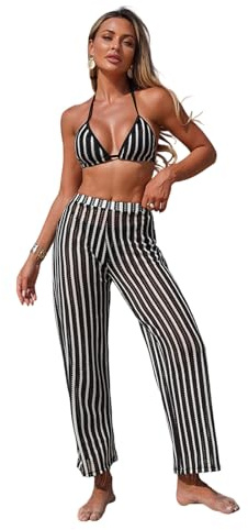 Hangsu Set di 3 costumi da bagno a righe ad asciugatura rapida, da donna, con pantaloni lunghi, tessuto traspirante, per sport acquatici attivi