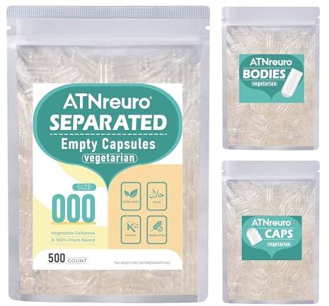 ATNreuro Capsules Vides Végétales Séparées Taille 000 (500 unités) - Gélules Vides à Remplir, Compatible avec la Machine de Remplissage de Capsules 000