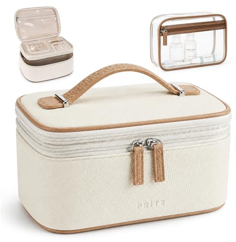 Prite 2 Pcs Trousse Maquillage Voyage Femme avec Rangement à Bijoux, Beige | Trousse de Toilette TPU,Vanity Case,Double Couche,Compartiment à Pinceaux,Hydrofuge,Cuir Vegan Grainé, Coffret Cadeau Inclus