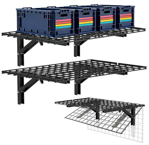 AIRAJ Mensola a muro per garage pieghevole 91x60 cm (2x3FT), 2 pezzi, Scaffali garage in metallo pesante, portata 363 kg, per garage, giardino, magazzino – Nero, organizzazione e stoccaggio