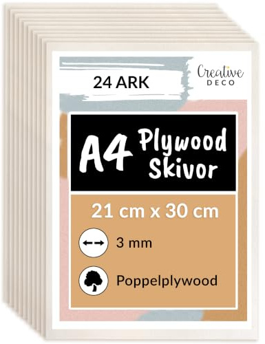 Creative Deco 24 x A4 Konstruktion i plywood 3mm | Asiatiskt poppelplywood | 300 x 210 (+/- 2) mm | Tunna träskivor | Perfekt skiva för lövsåg | brännmålning | laserskärning