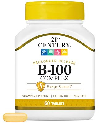 21st Century B-100 Complex Prolonged Release Tablets, 60 Count (Pack of 1), High Potency Vitamin B Complex for Nervous System, Energy Support, Includes Vitamin B1, B2, B6, Biotin & Calcium