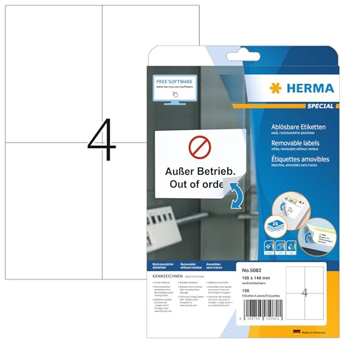HERMA 5082 Universal Etiketten ablösbar, 25 Blatt, 105 x 148 mm, 4 pro A4 Bogen, 100 Stück, selbstklebend, bedruckbar, matt, blanko Papier Klebeetiketten Aufkleber, weiß