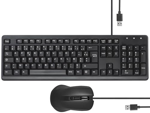 apm - Juego de Teclado y ratón con Cable AZERTY francés, 105 Teclas y Teclado Digital, ergonómico, Cable USB de 1,8 m, Paquete de Escritorio para PC, portátil, Ordenador Windows, Mac, Negro, 100040