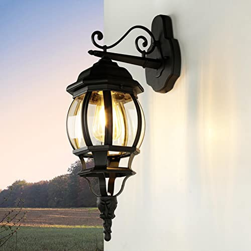 Licht-Erlebnisse Aplique exterior BREST de aluminio negro cristal E27 IP43 Lámpara de pared con brazo Farol de estilo rústico para jardín