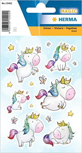 HERMA 15402 Aufkleber Einhorn Glitzer klein groß, 16 Stück, Tiere Sticker mit lustigen Einhörner Sterne Motiv, Kinder Etiketten für Fotoalbum Tagebuch Poesiealbum Scrapbooking Deko Briefe DIY Basteln