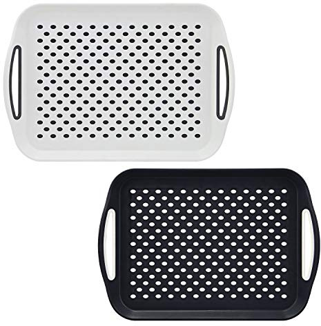 Taylor & Brown 2 x Set of Anti-Slip Rectangular Non-Slip Top and Bottom Plastic Dinner/Drinks Serving Tray with High Grip Rubber Surface, Easy Grip Handles (1 Black + 1 White)