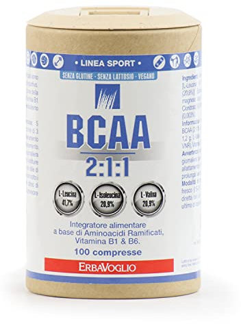 Erbavoglio Compresse di BCAA 2:1:1-100 compresse - Integratore alimentare convenzionale - Supporta il recupero muscolare e le performance fisiche, per chi cerca energia pre/post allenamento.