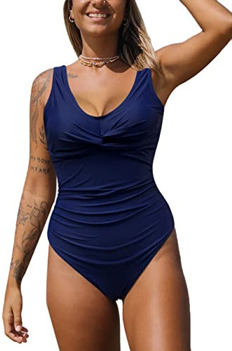 NLAND Baddräkt i ett stycke badmode V-ringad baddräkt för kvinnor med magen bort push-up badkläder enfärgad baddräkt i ett stycke, Marinblå, L