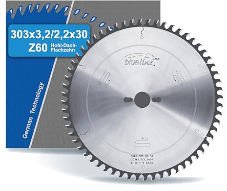 blueline by AKE Kreissägeblatt | 303x30 Z60 Hohl-Dach-Zahn, Hartmetall | sehr fein | für Holzwerkstoff beschichtet, Kunststoff | auf Formatkreissäge, Tischkreissäge, vertikale Plattenaufteilsäge