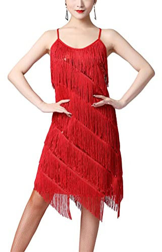 Alvivi Femme Robe Danse Ballet Latin Jazz Robe À Bretelles Paillettes Franges Costume Soirée Bal Spectacle Dancewear S-3XL