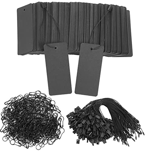 300 Set Black Price Tags with String Clothing Tags with Safety Pins Black Paper Hang Tag for Gifts Clothes Crafts Display Stocking Stuffers