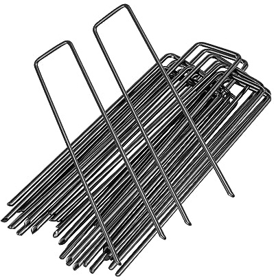 Pinzas de jardín galvanizadas en forma de U, fuertes clavos de jardín perfectos para membrana de control de malezas, césped artificial, red, tela (50, negro)