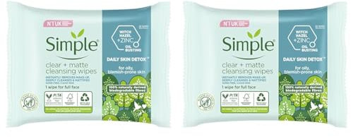 Simple Daily Skin Detox Clear + Matte Biodegradable Wipes with vitamin B3 cleansing make-up remover for oily skin 20 wipes (Pack of 2)