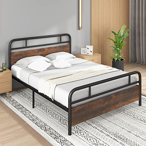 COSTWAY 3FT/4FT6/5FT Metal Bed Frame, Single/Double/King Platform Bed Base with Wood Headboard, Footboard & 30cm Underbed Storage, Industrial Metal Slat Support Mattress Foundation (King-208x152cm)
