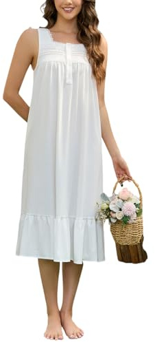Rubehoow Nightgown Women's Sleeveless House Dress Long Cotton Button Down Nightdress Soft Ladies Sleepwear with Pockets