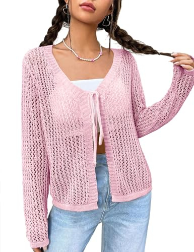 SECRETEYARD Cardigan en crochet léger à nouer sur le devant pour femme, rose, X-Large