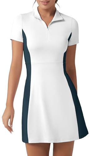 FKEEP Robe de golf athlétique à col polo pour femme avec short – Robe décontractée sans manches à blocs de couleur, blanc/vert, Taille S