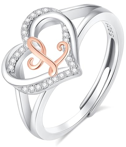 INFUSEU Damen Ring Mit Initialen, 925 Sterling Silber L Buchstabe Herz Offener Ringe Buchstabenform Initial Name Alphabet A-Z Verstellbar Personalisierter Schmuck Geschenke für Frauen Damen Mädchen