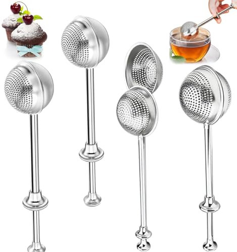 Set of 4 Powdered Sugar Shaker Duster, 7.08Flour Duster for Baking, 18/8Stainless Steel Pick Up and Dust Flour Sifter with Spring-operated Handle for Easy One-handed Operation for Baking, Make tea