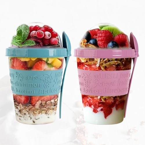 SAFRI 600ml Over Night Oats Container Reusable Yogurt Cups 100% BPA Free Breakfast On The Go Cereal Yogurt Pot with Lids and Spoon (Turquoise & Pink Cup)