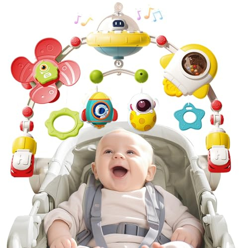 Cochecito de juguete con música, arco de juegos, cuna de bebé, juguete para cochecito de bebé, cadena móvil para cochecito con sonajero, juguete para bebé colgante Sensory regalo
