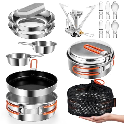 Odoland Set di 15 stoviglie da campeggio con fornello da campeggio pieghevole, in ceramica antiaderente con piatti, ciotole, forchette, coltelli, cucchiai per campeggio, turismo, escursioni, picnic