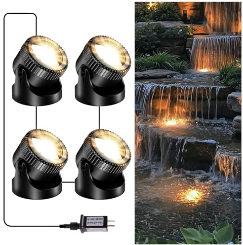 POPOSOAP Pond Lights, 4-in-1 Warm White Underwater Pond Lights, IP68 Waterproof LED Landscape Spotlights for for Pond, Garden, Patio, Fountain, Pool, Waterfall Decoration(4 Head Lamps)