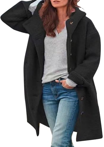 Oyuchga Abrigo de mujer con capucha elegante de una sola pieza, abrigo de lana larga, chaqueta de transición de invierno, abrigo de invierno, cómodo, cálido, de manga larga, chaqueta de invierno