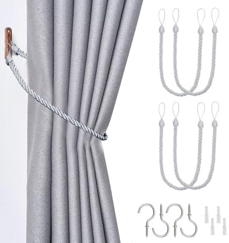 4Pcs Rope Curtain Tiebacks, Grey Tie Backs for Curtain, Grey Curtain Tie Simple, Curtain Rope Holder Buckle for Curtain (Grey-4Pcs)