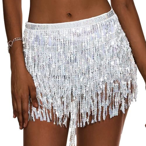 Homefantasy Falda De Lentejuelas De Danza con Borlas para Carnaval - Belly Rave De Cuatro Capas con Flecos Plateados para Mujeres y Niñas