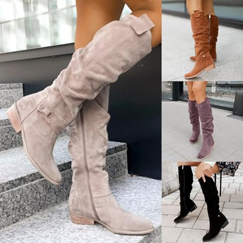 Botín Ante Marrón Mujer,Ante Botas de Invierno Camperas para Otono-Invierno Elegantes Caña Ancha Altas Comodas Sólido Marrones Negras