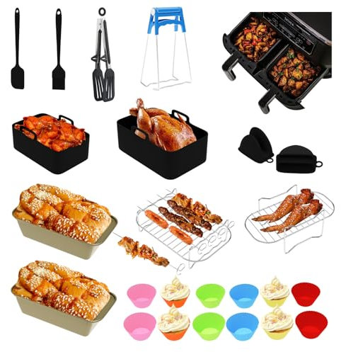 Feelhap Heißluftfritteuse Zubehör für Tefal Ey9018 Dual EasyFly 5,2/3,1 L, Philips Dual Basket Airfryer 3000-Serie, 24PC Airfryer Zubehör mit Silikon Backform, Grillrost, Kuchenformen, Brotbackformen
