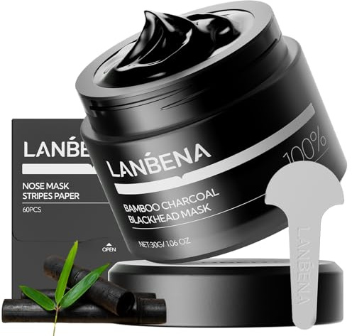LANBENA 2.0-60 strisce per il naso e maschera Peel-Off al carbone di bambù, per la pulizia profonda dei pori, per punti neri e punti bianchi, formula purificante al carbone per tutti i tipi di pelle
