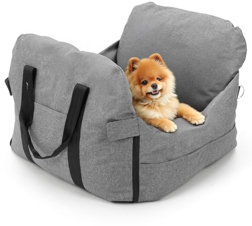 The Fellie Dog Car Seat for Medium Dog, Washable Puppy Booster Car Carrier Seat with Storage Pockets, Portable Travel Pet Bed With Safety Leash, Removable Cushion Booster Carrier, Grey