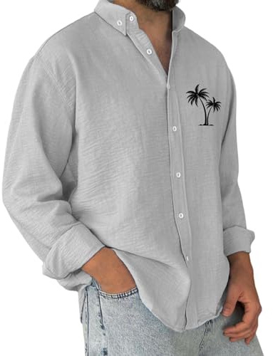 Chemise pour homme en coton et lin à manches longues - Chemise hawaïenne boutonnée - Motif palmier en noix de coco - Chemisier à col, gris, 4XL