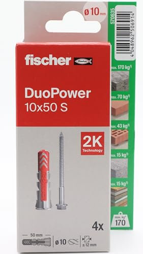 fischer - Duopower 10 x 50 avec vis - 4U, chevilles murales multi-matériaux, pour accrocher des vélos, des cadres, des armoires, des supports de télévision, des étagères, des meubles.